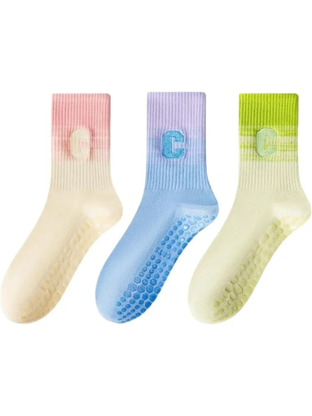3 Pairs Non-Slip Pilates Socks - Pink, Purple & Green Gradient, Breathable